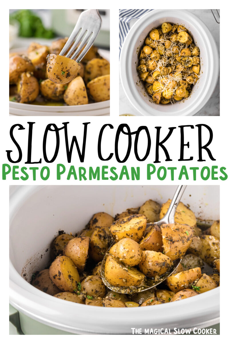 Images of pesto parmesan potatoes with text overlay for pinterest.