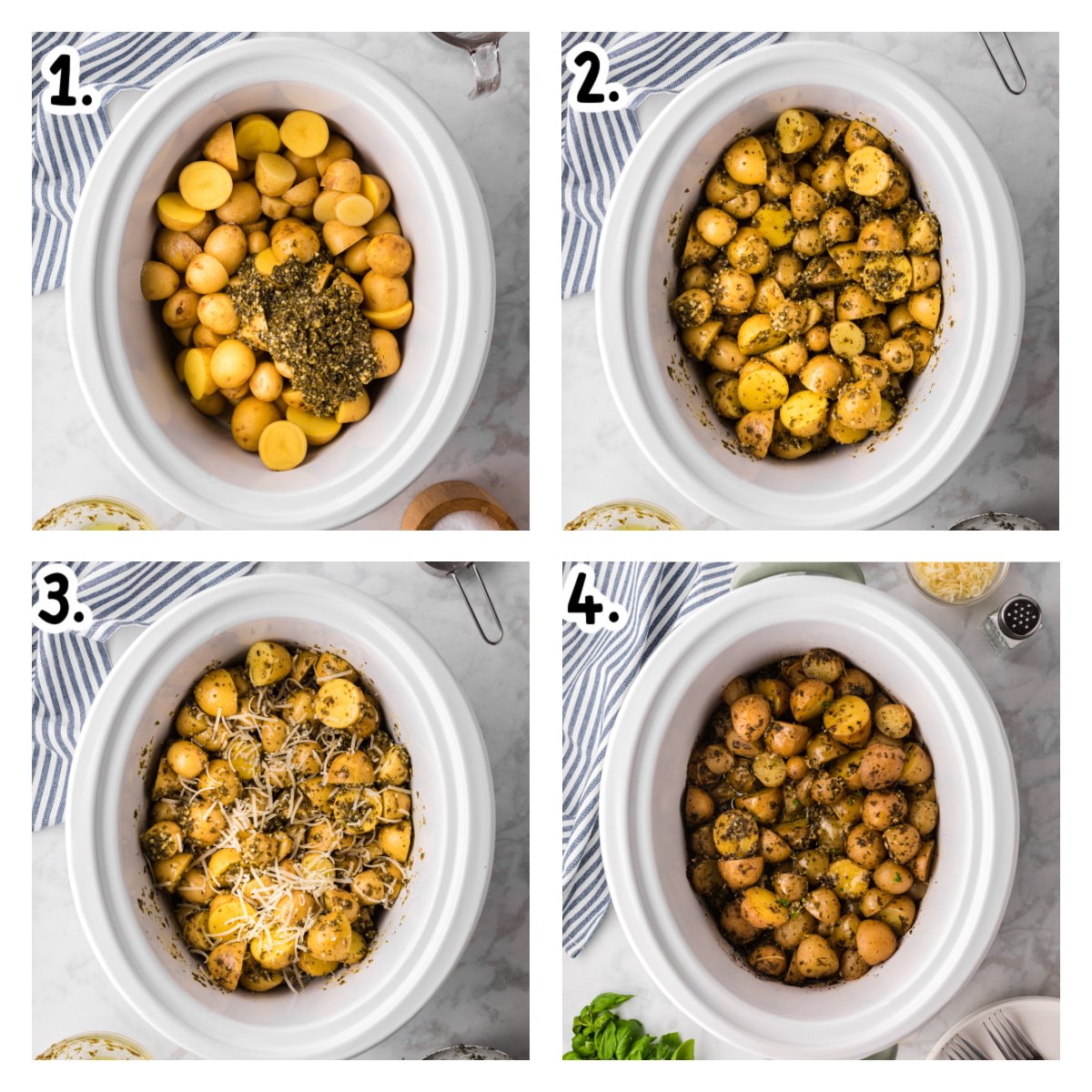 Four images showing hot to make pesto parmesan potatoes in a crockpot.