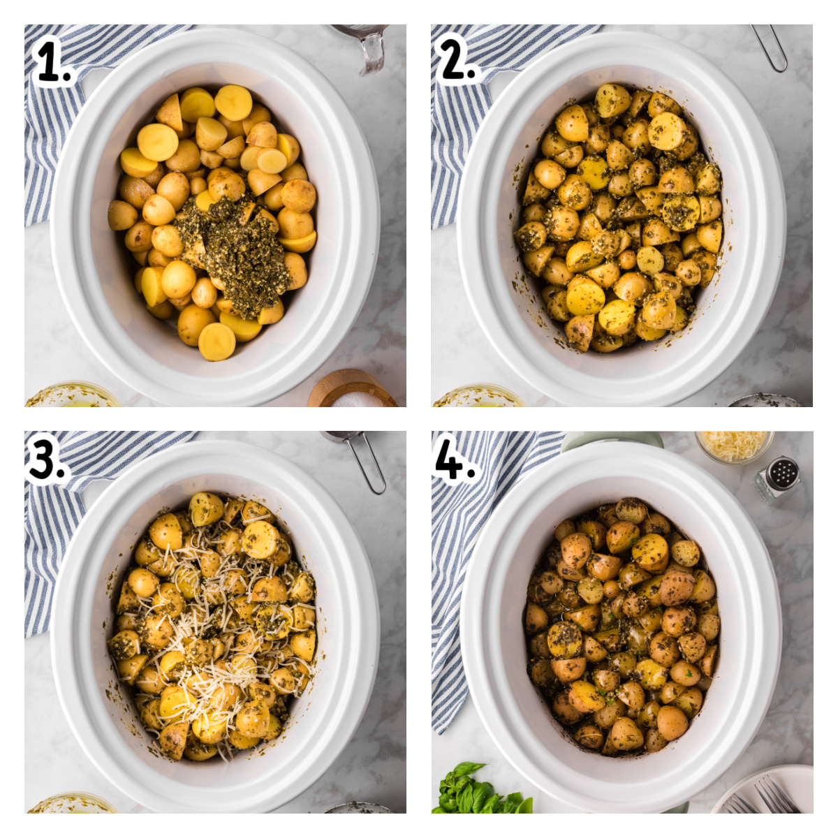 Four images showing hot to make pesto parmesan potatoes in a crockpot.