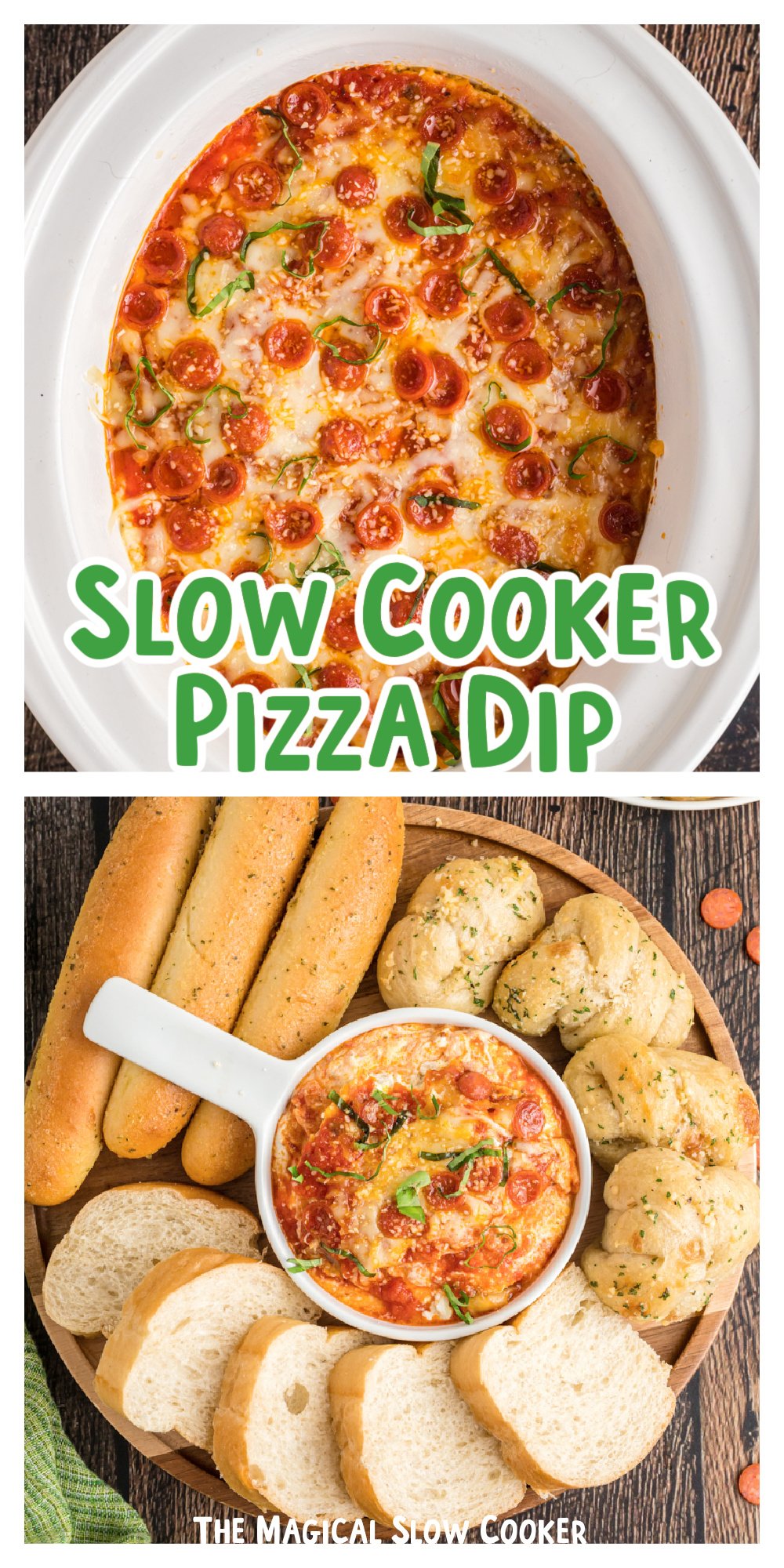 2 images of pizza dip with text overlay,