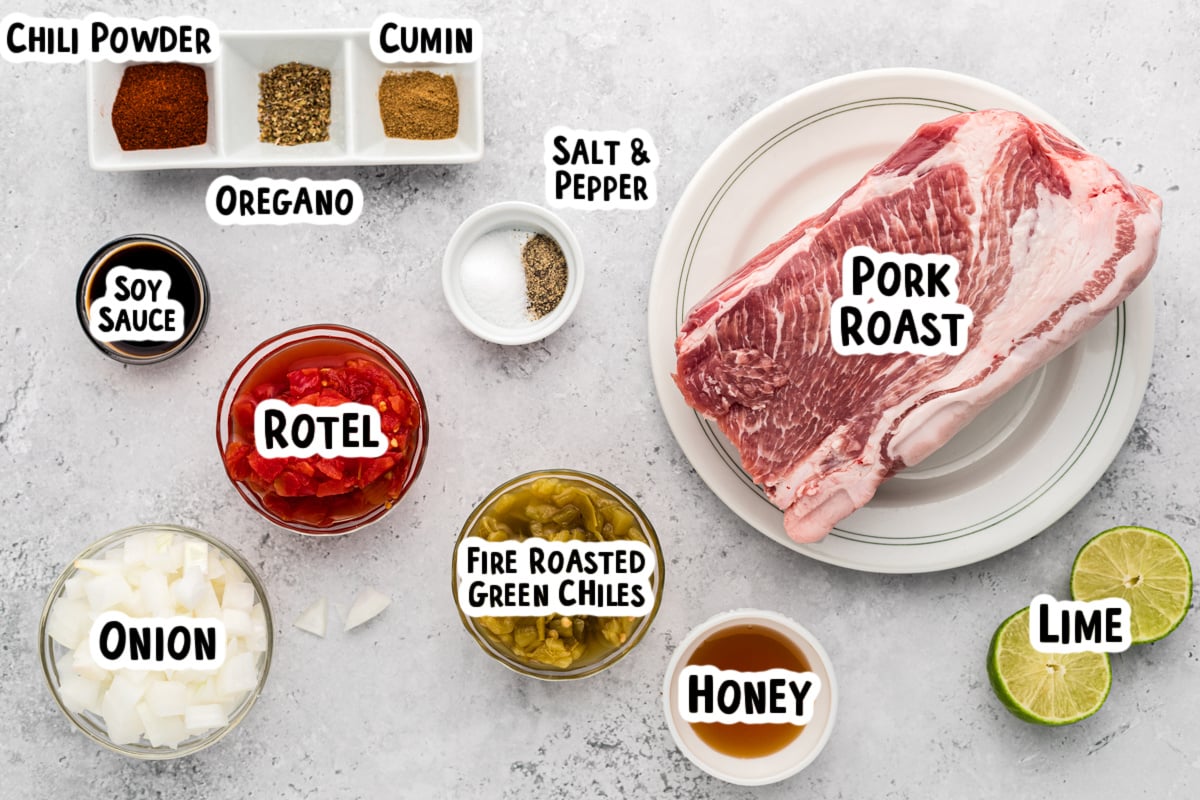 Ingredients for pork burritos on a table with text overlay.