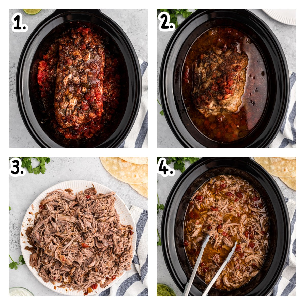 Four images showing how to make pork burrito filling in a crockpot.