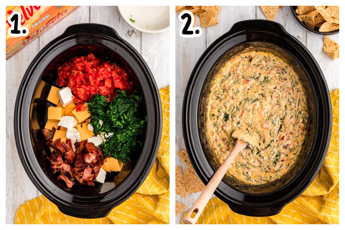 2 images of queso spinach dip in a crockpot.