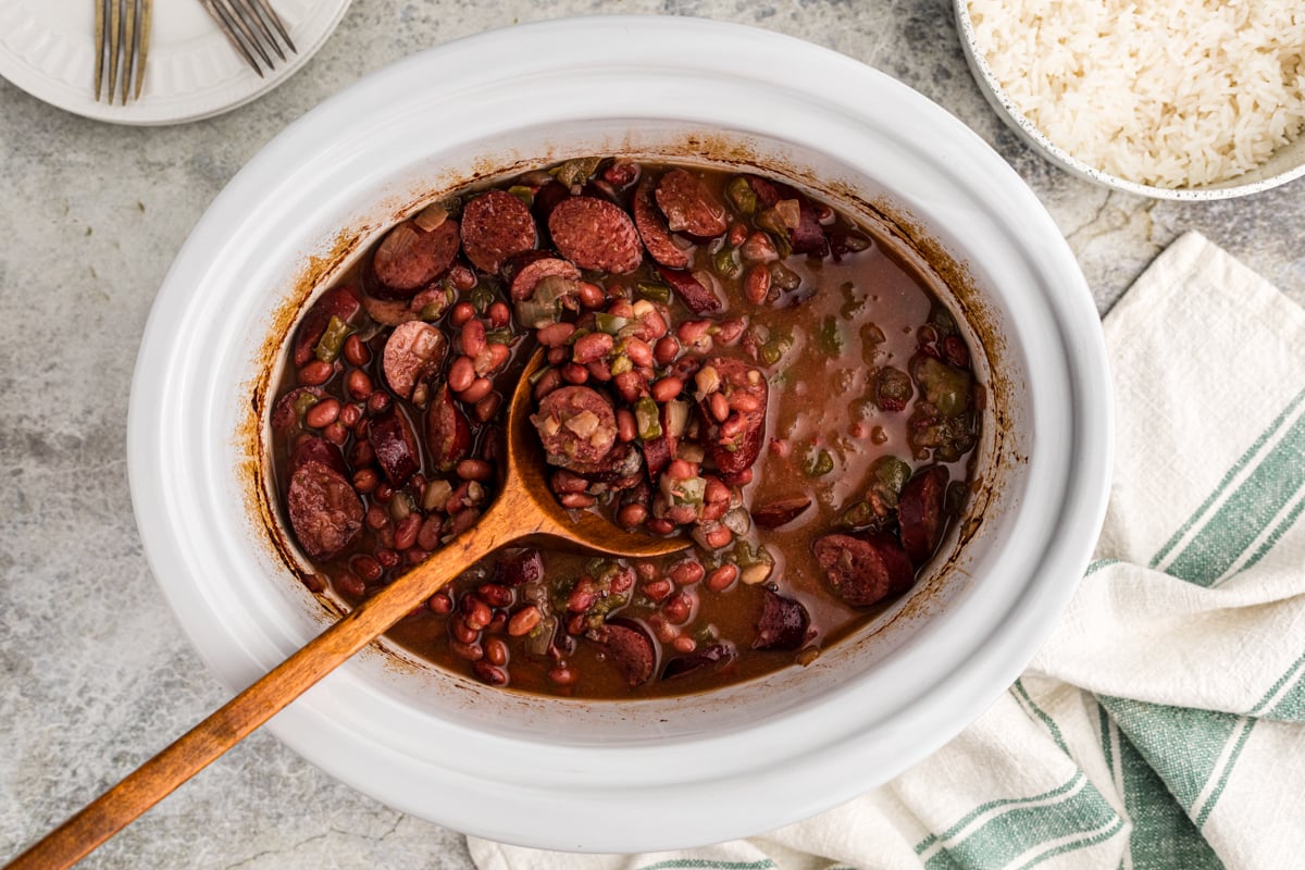 crockpot full of red beans and rice.