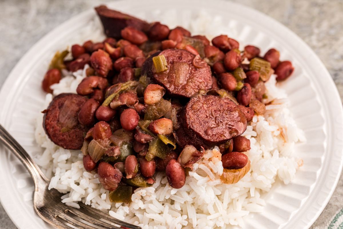 close up of red beans and rice on a plate.