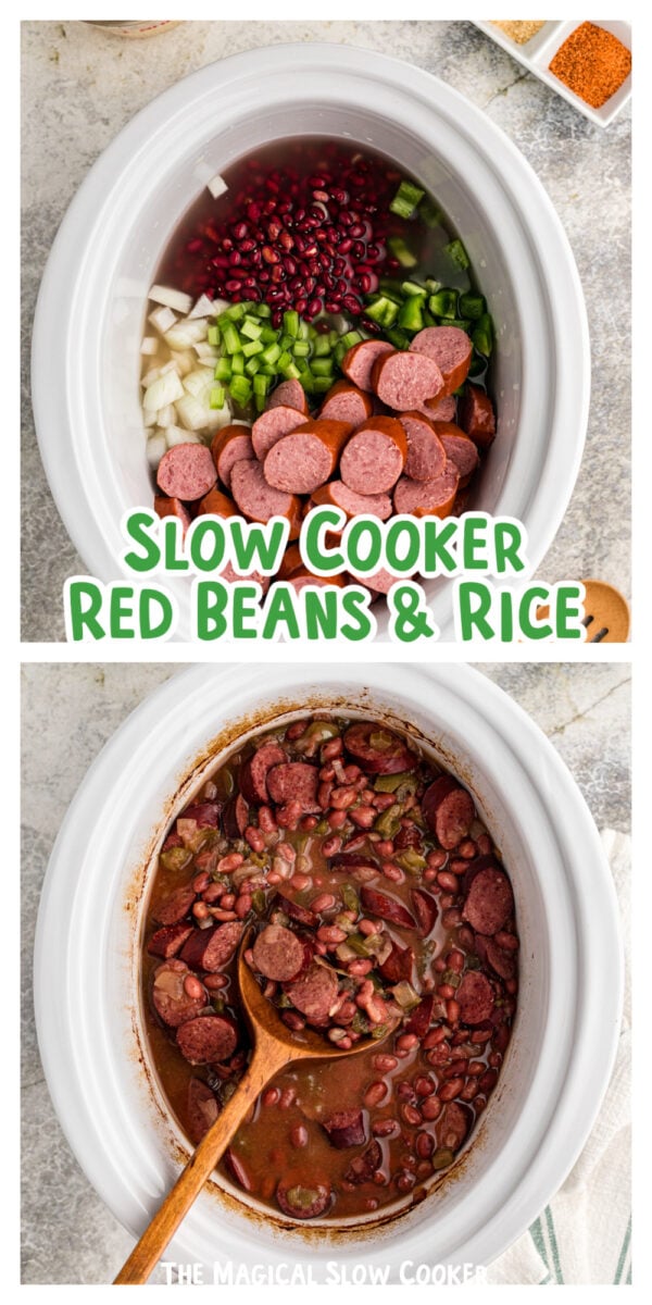 2 images of red beans and rice with text overlay for pinterest.