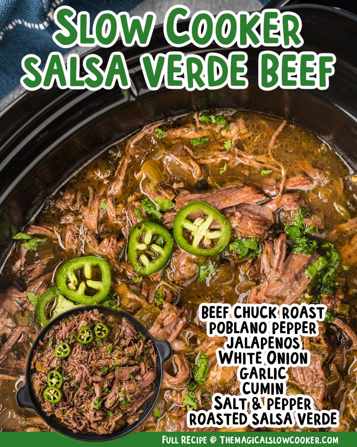Images of salsa verde beef with text of what the ingredients are.