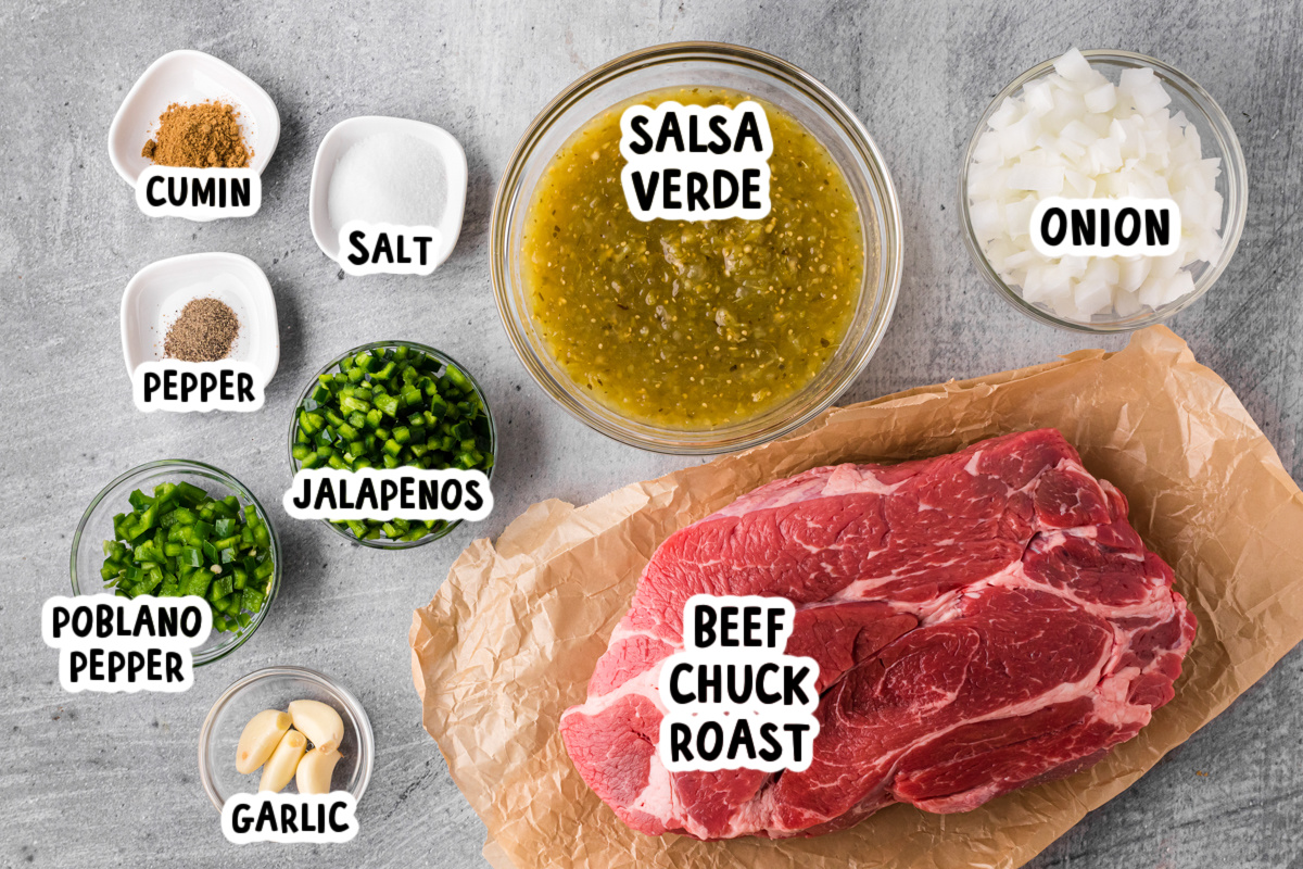 overhead of ingredients for salsa verde beef on a table.