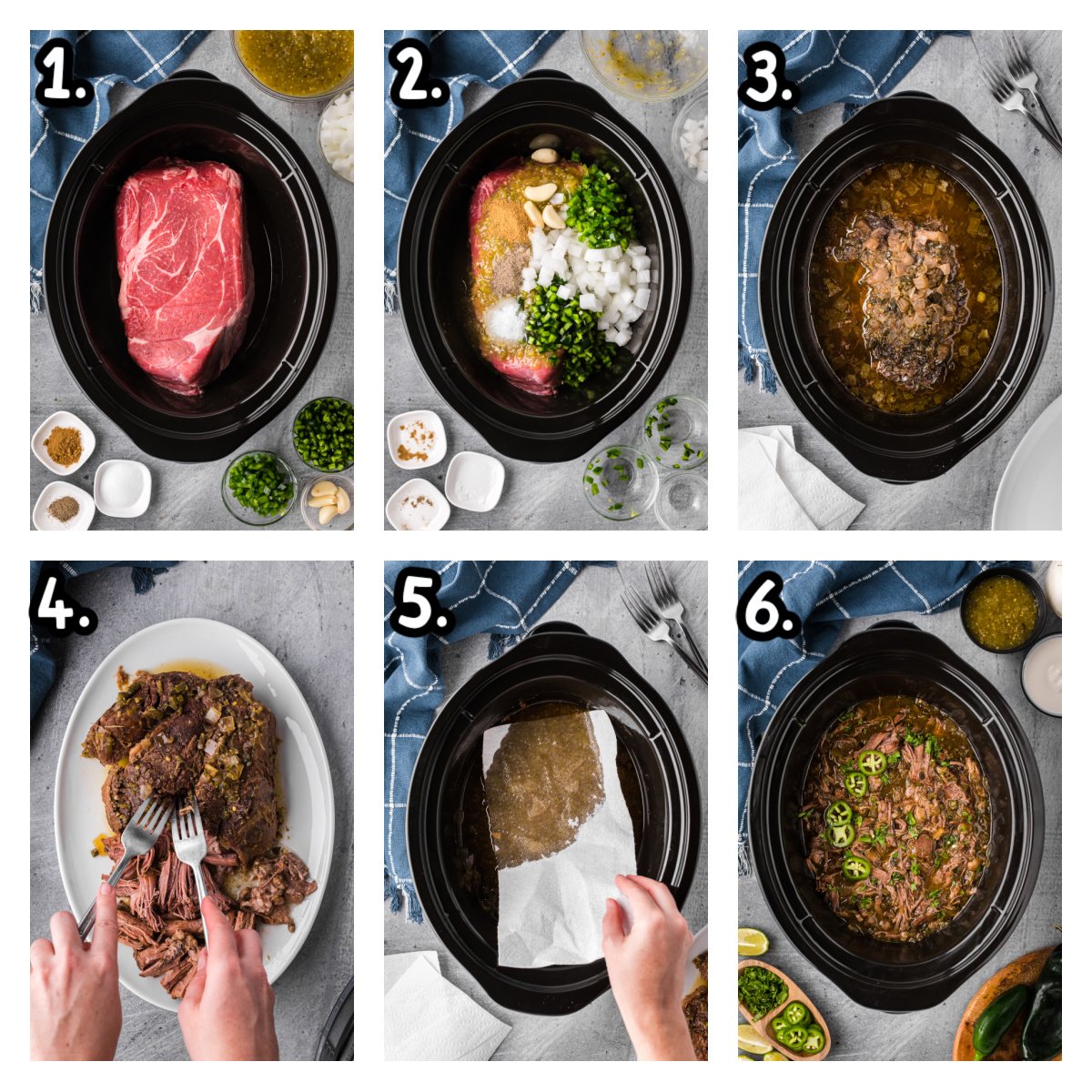 Six images of how to make beef salsa verde in a crockpot.