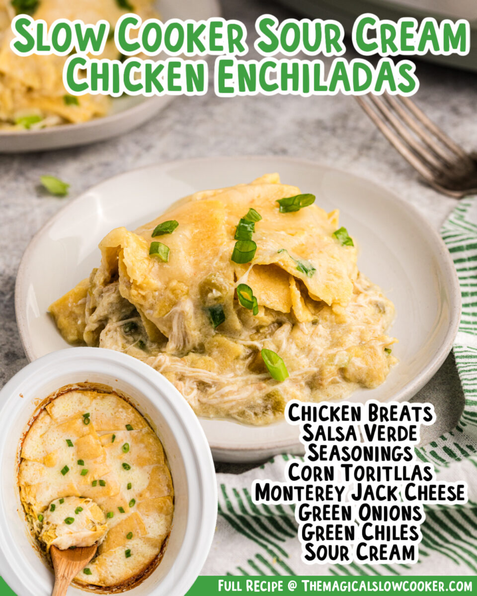 Images of chicken enchilada casserole with text of what the ingredients are.