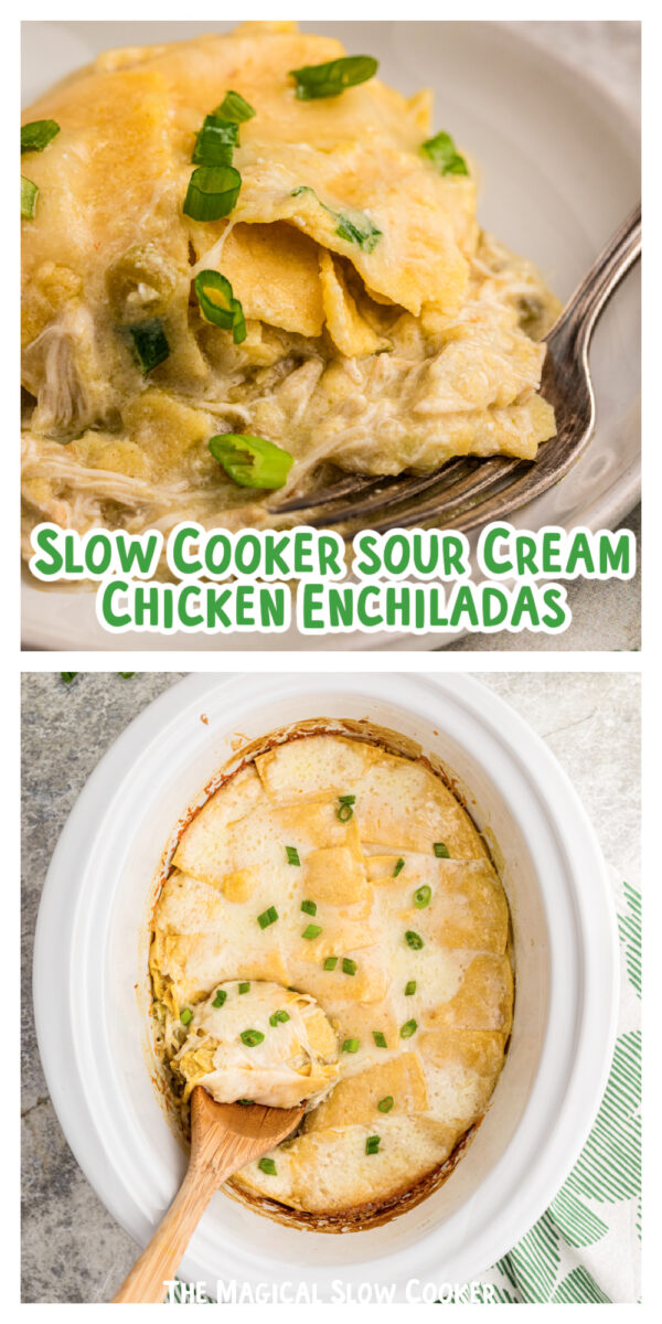 2 images of chicken enchilada casserole with text for pinterest.