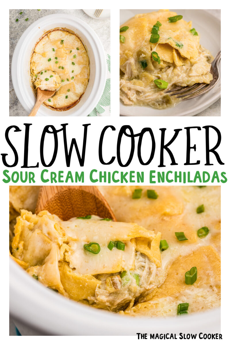 Images of chicken enchilada casserole with text overlay for pinterest.