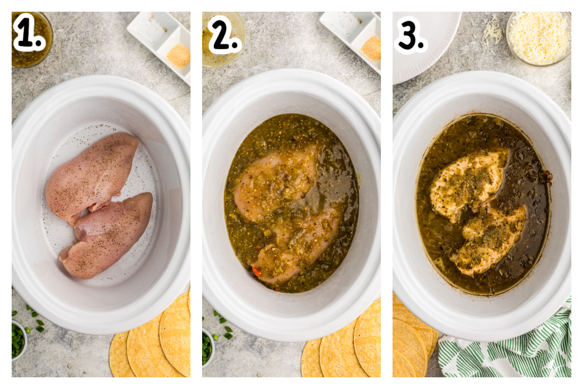 3 images showing how to make the chicken for enchiladas.
