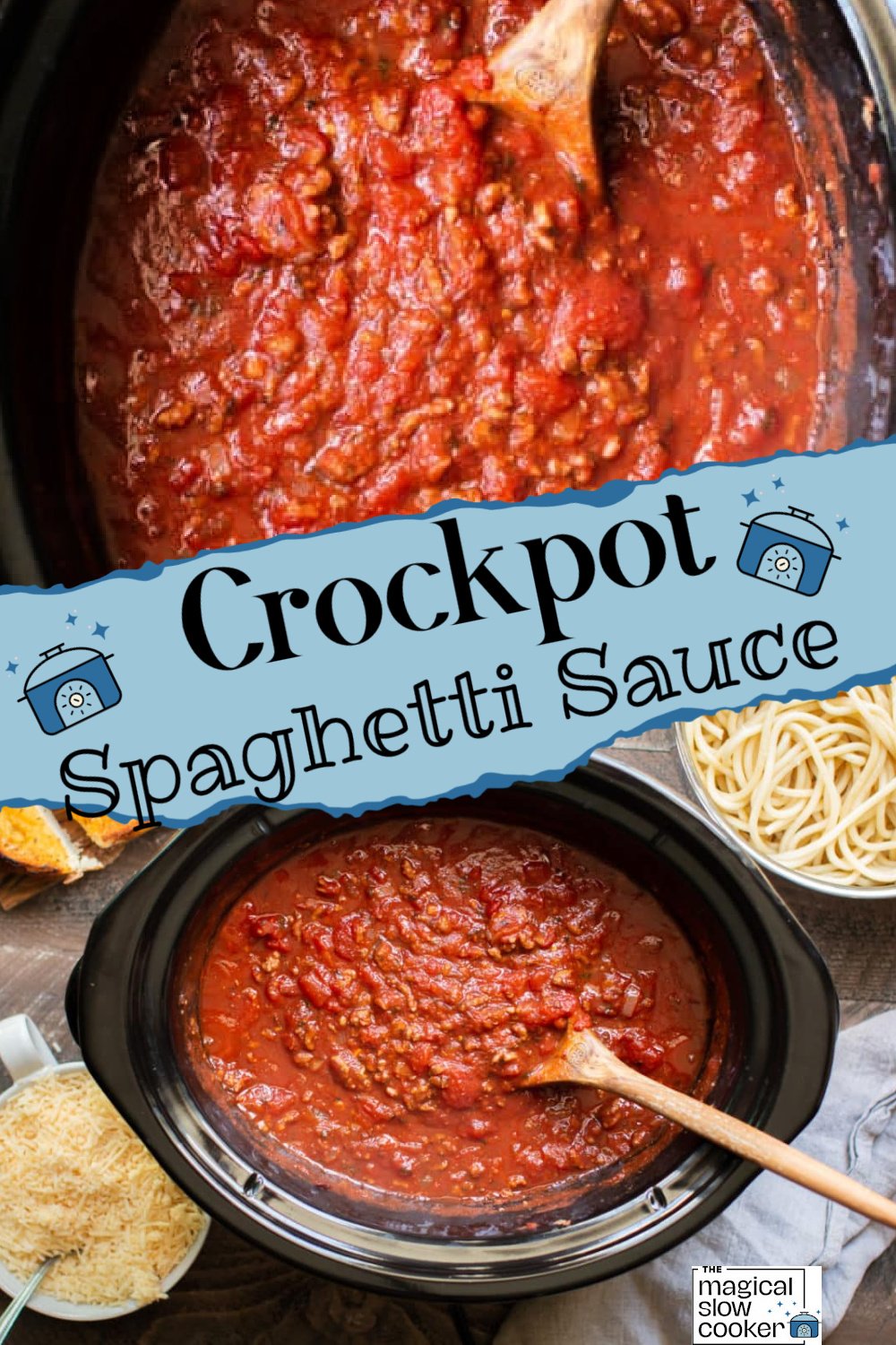 2 images of spaghetti sauce in a slow cooker.