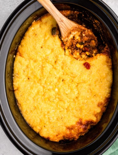 close up of tamale pie in a slow cooker.