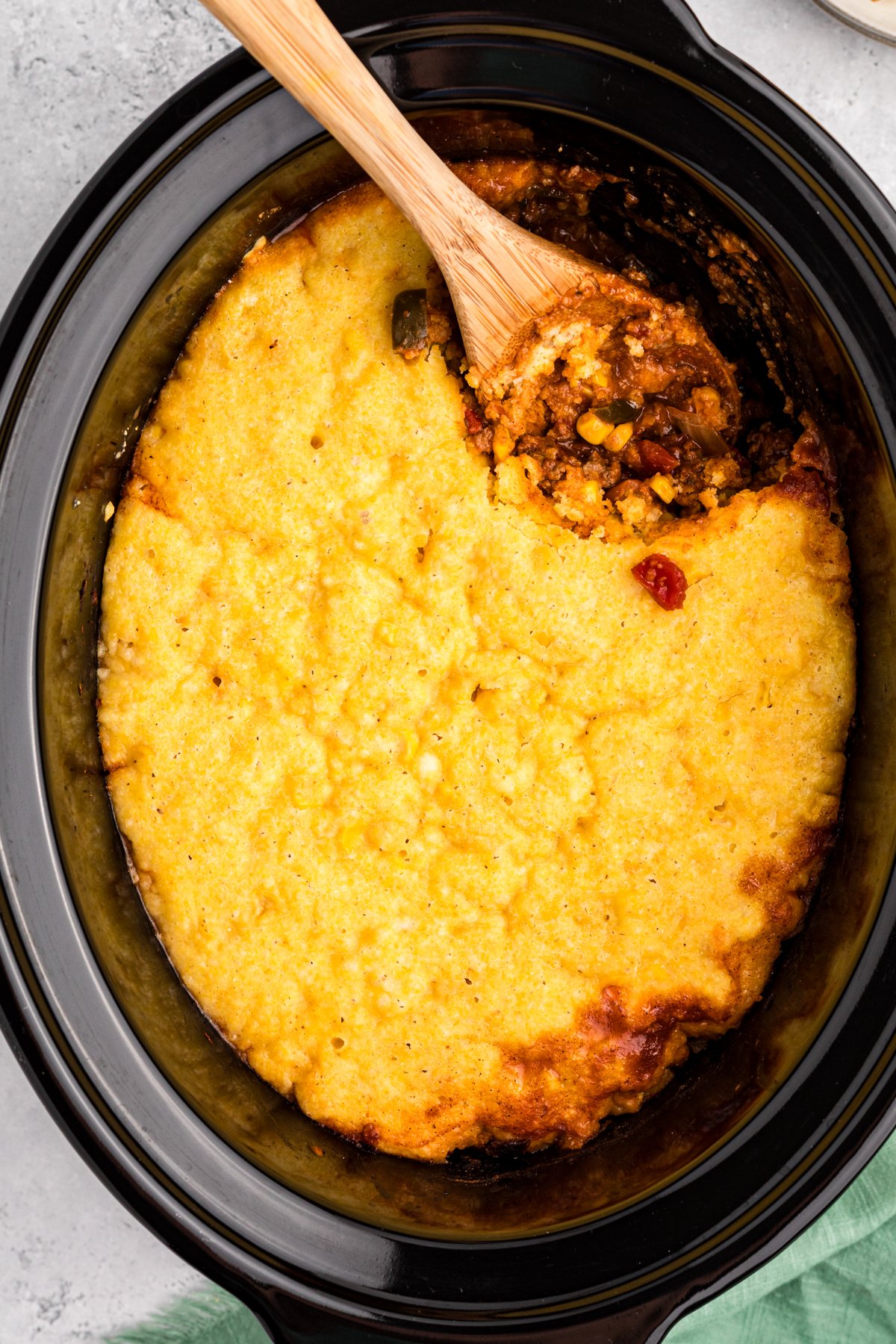 close up of tamale pie in a slow cooker.