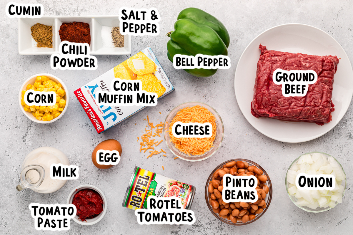 Ingredients for tamale pie on a table with text labels.