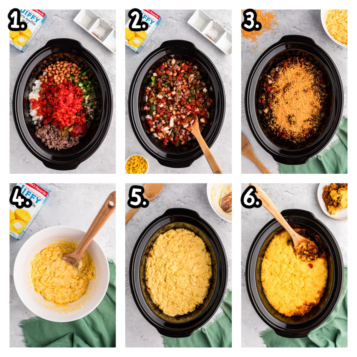 Six images showing how to make tamale pie in a slow cooker.