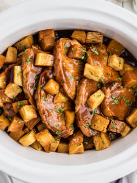 overhead shot of teriyaki pork chops.