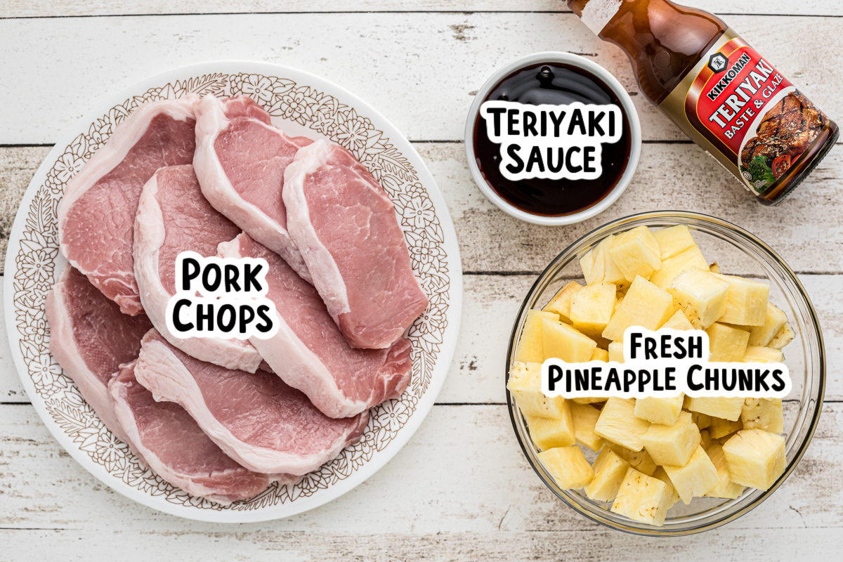 Ingredients for teriyaki pork chops on a table.