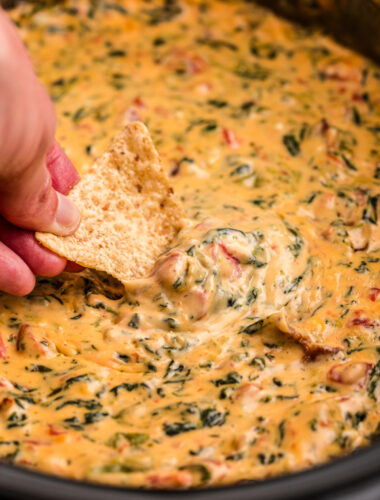 Velveeta spinach dip with a chip.