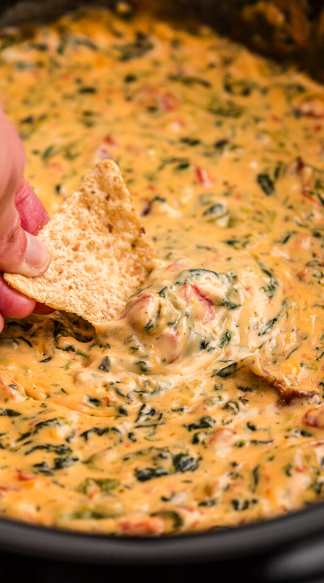 Long image of velveeta dip with spinach in a slo cooker.