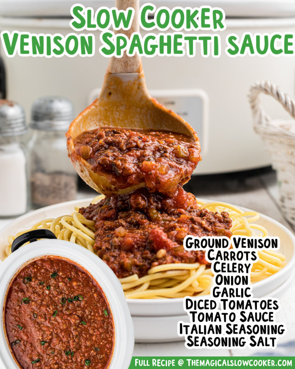Images of venison spaghetti sauce with text of what the ingredients are.