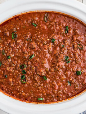 overhead shot of crockpot venison spaghetti sauce.