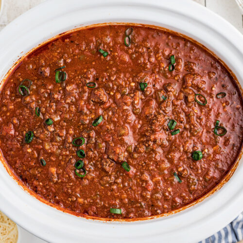 overhead shot of crockpot venison spaghetti sauce.