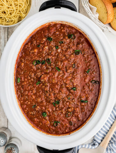 Overhead shot of venison spaghetti sauce.