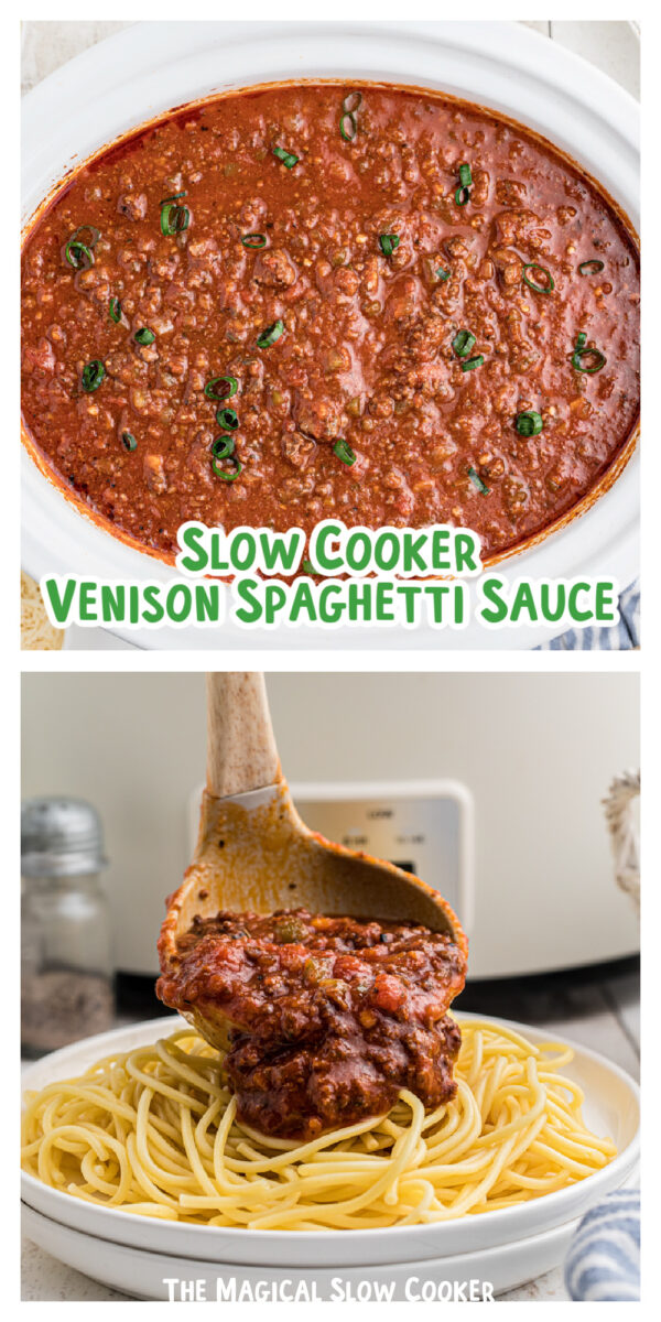 Two images of venison spaghetti sauce for pinterest.