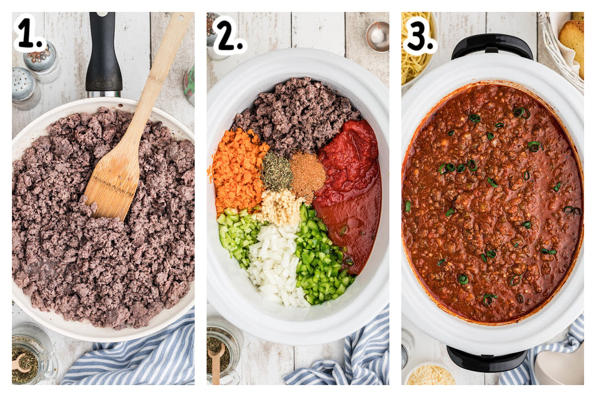 3 images of how to make spaghetti sauce in a crockpot.