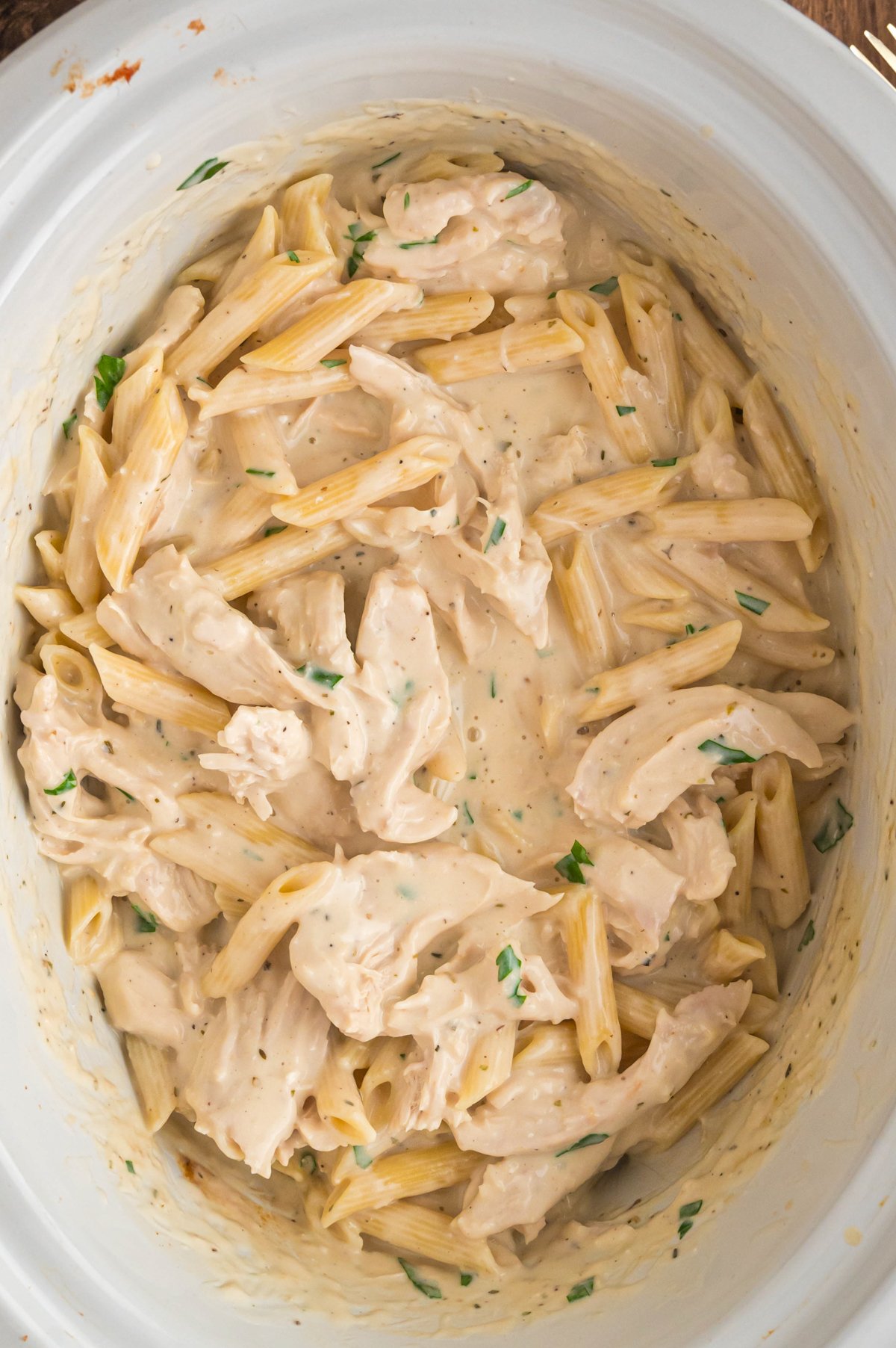 chicken alfredo in a crockpot.