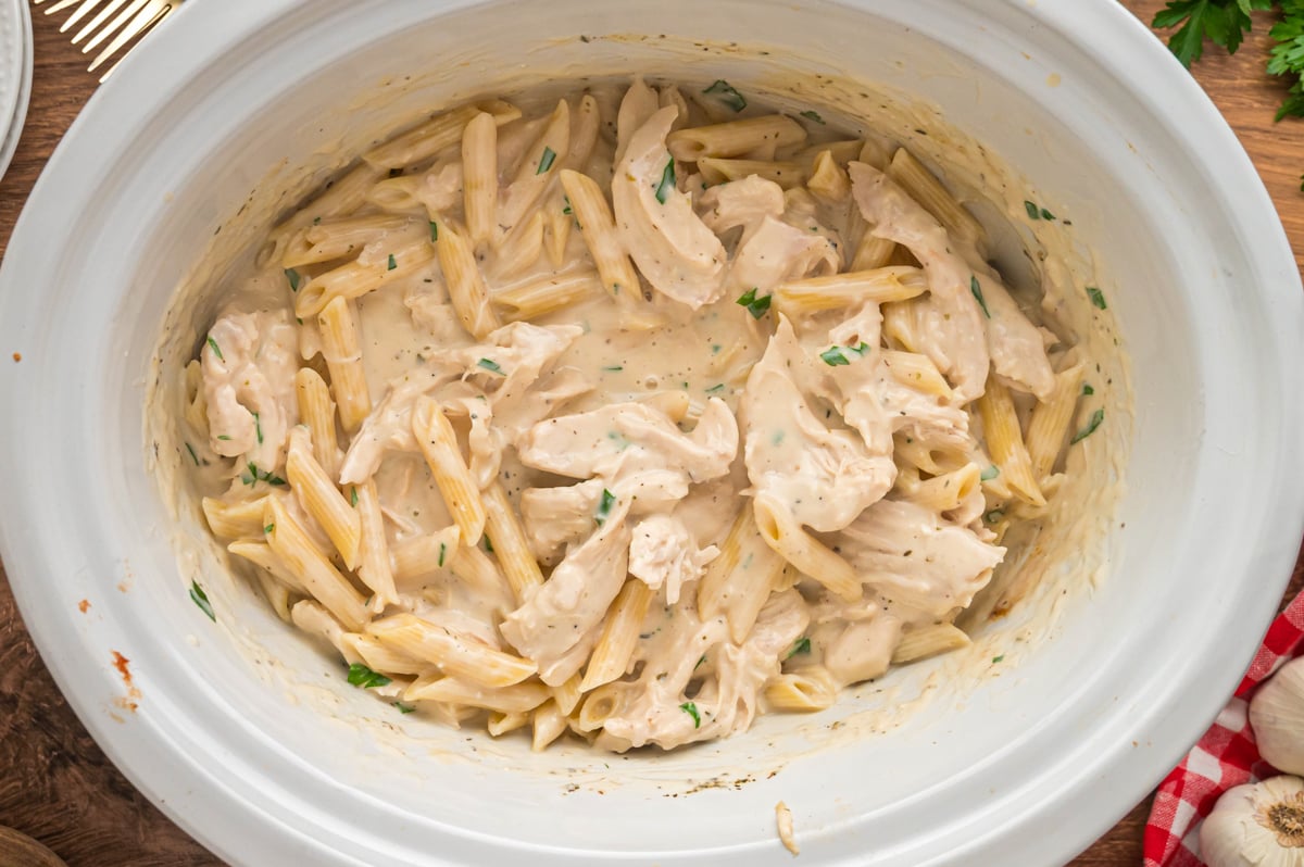 chicken alfredo with noodles in a slow cooker.