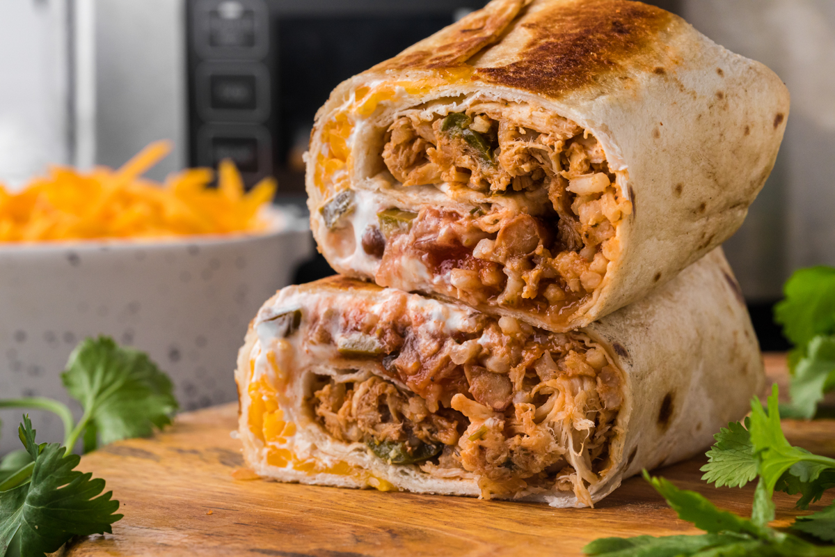 close up of a cut burrito.