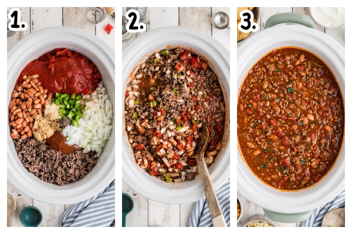 Three images showing how to make crockpot chili.