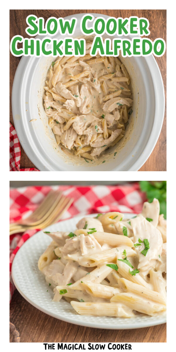 2 images of chicken alfredo with text overlay.
