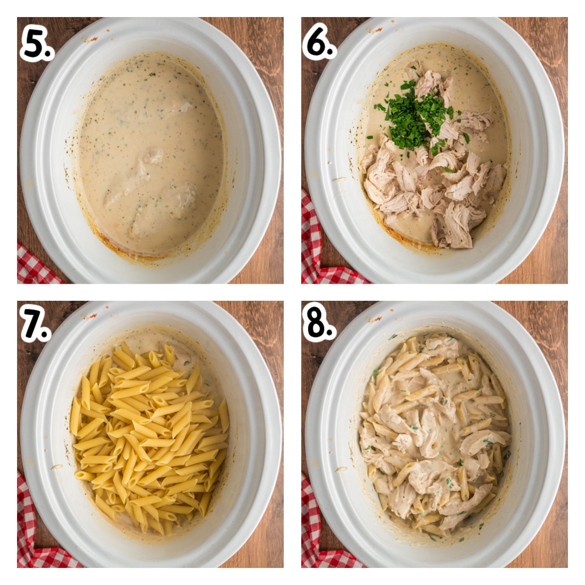 Four images showing how to shred chicken, and add noodles to slow cooker.