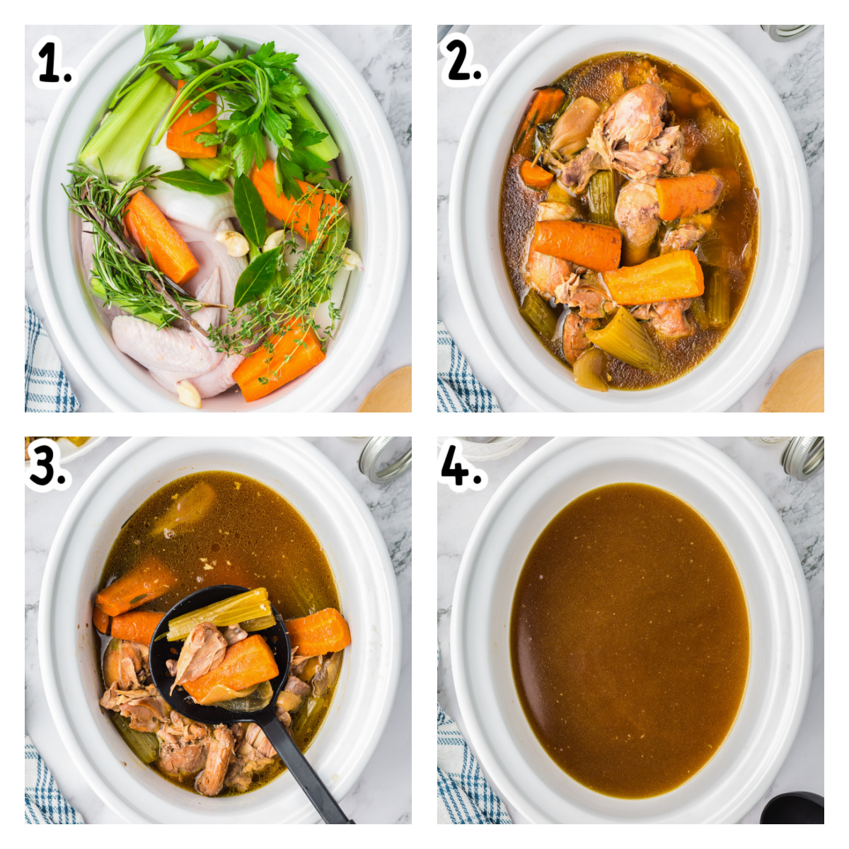 Four images showing how to make chicken stock in a slow cooker.