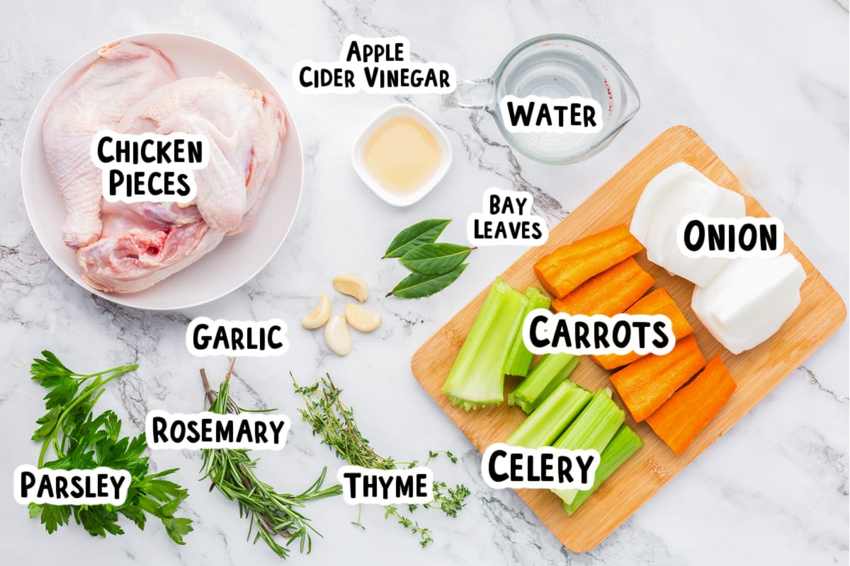 Ingredients for chicken stock on a table.