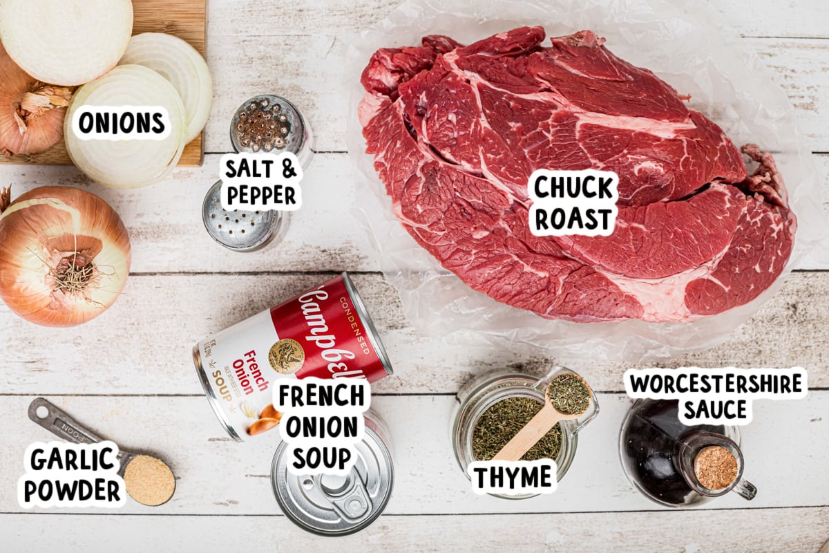 ingredients for slow cooker french onion pot roast on a table.