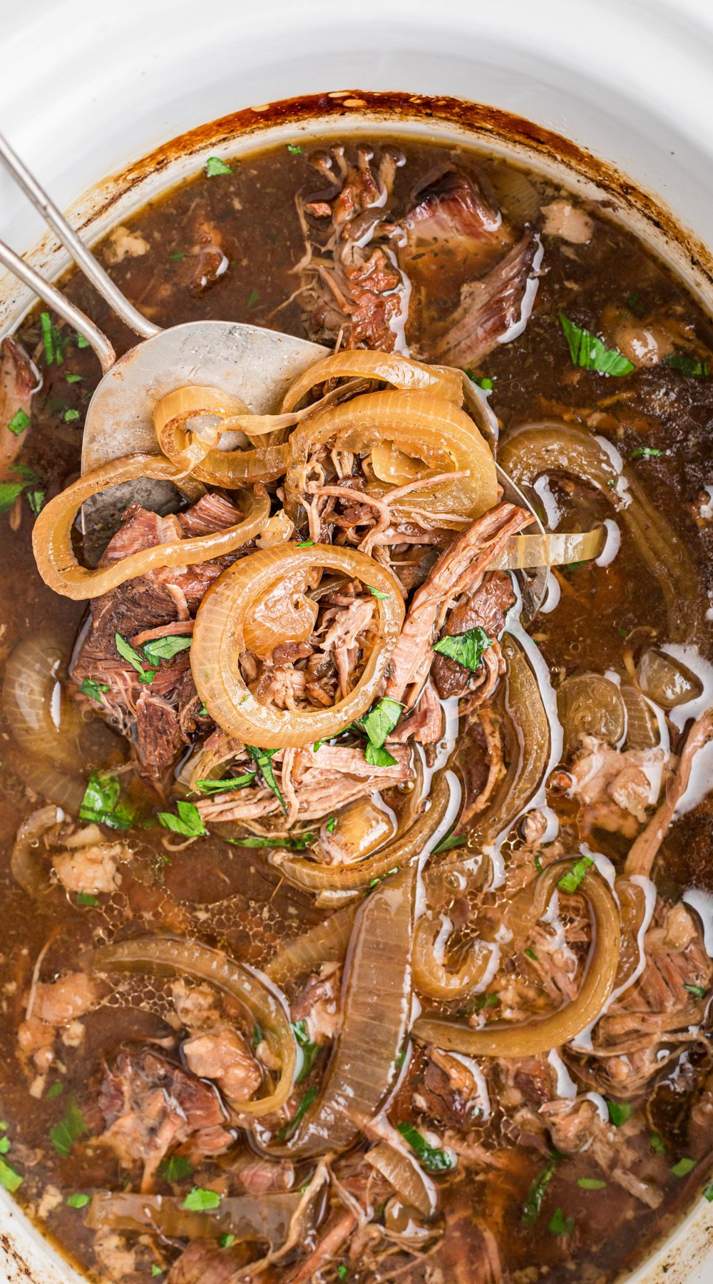 long image of crockpot french onion pot roast.