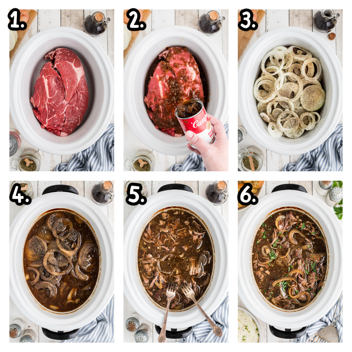 six images showing how to make french onion pot roast in a slow cooker.