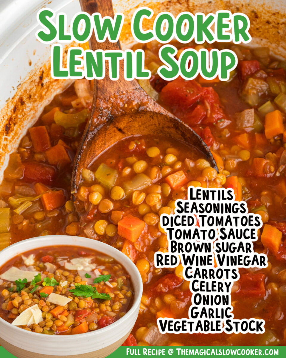 Lentil soup images with text of what the ingredients are.