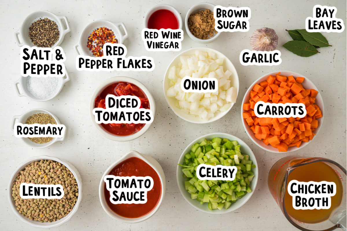 Ingredients for lentil soup on a table.