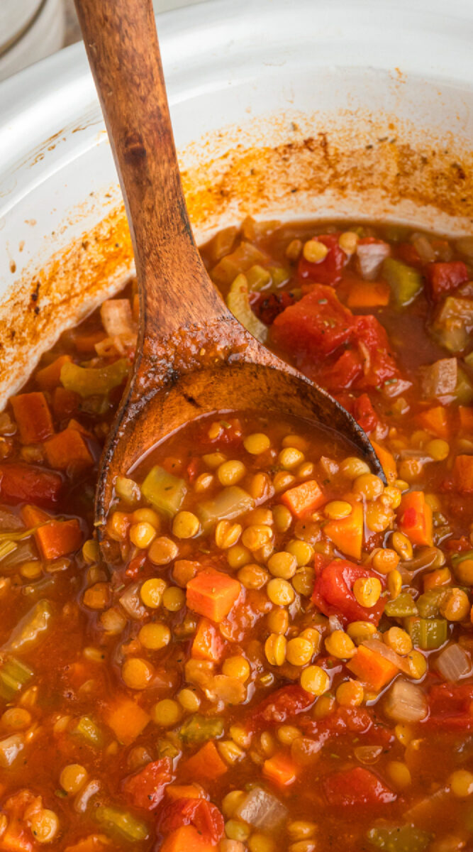 Long image of lentil soup for pinterest.