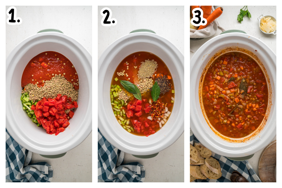 3 images showing how to make lentil soup.