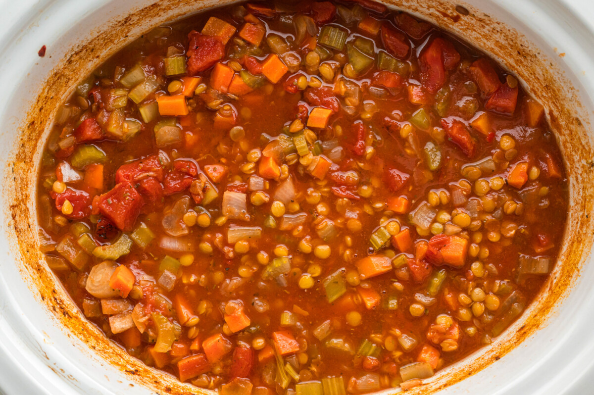 Lentil soup in a slow cooker, done cooking.