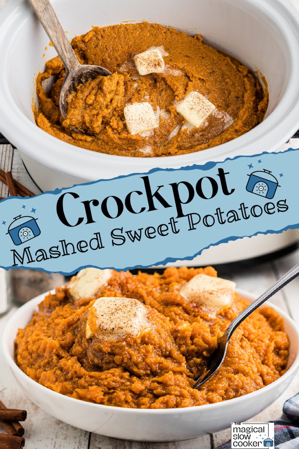 2 images of mashed sweet potatoes.