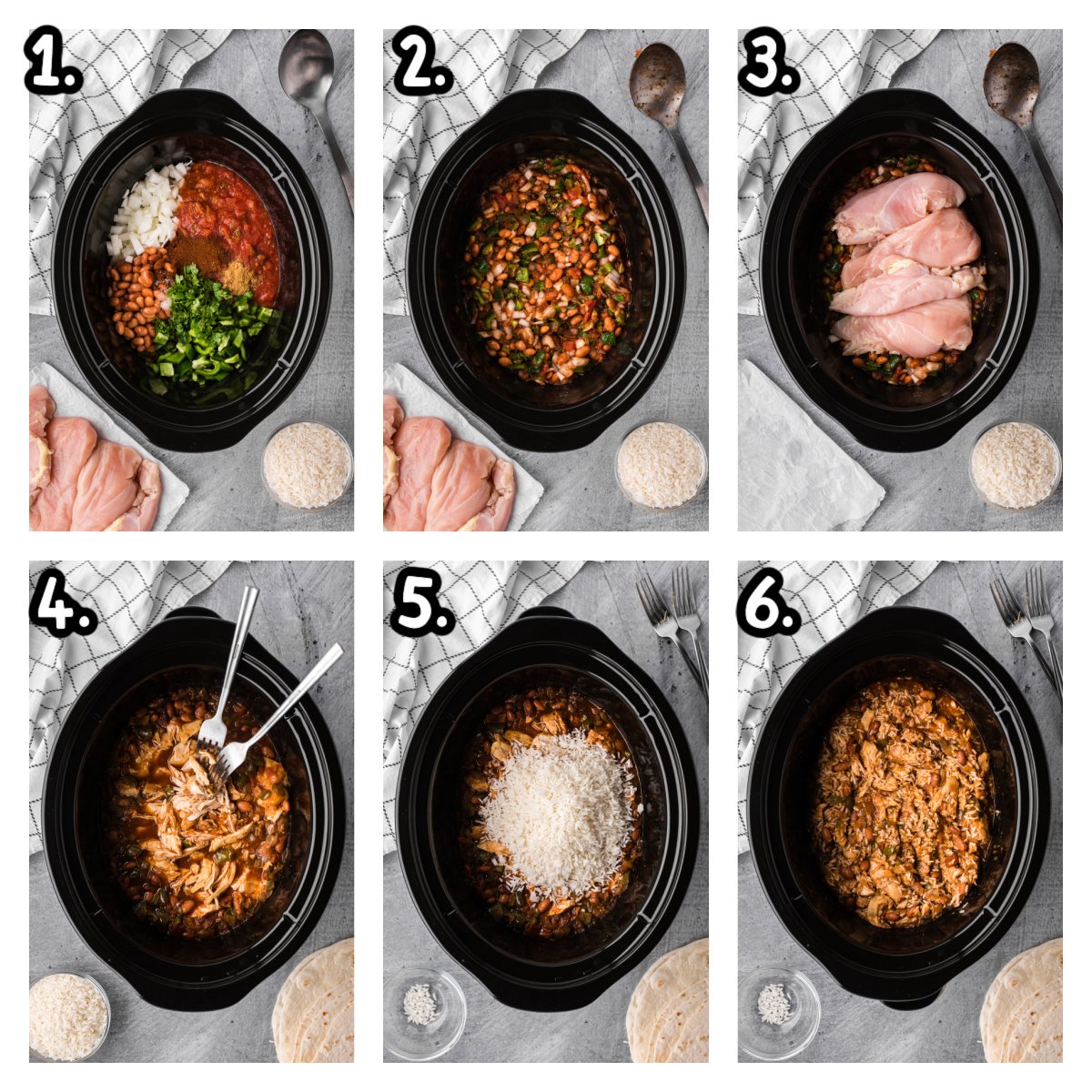 Six images showing how to make one pot burrito bowls.